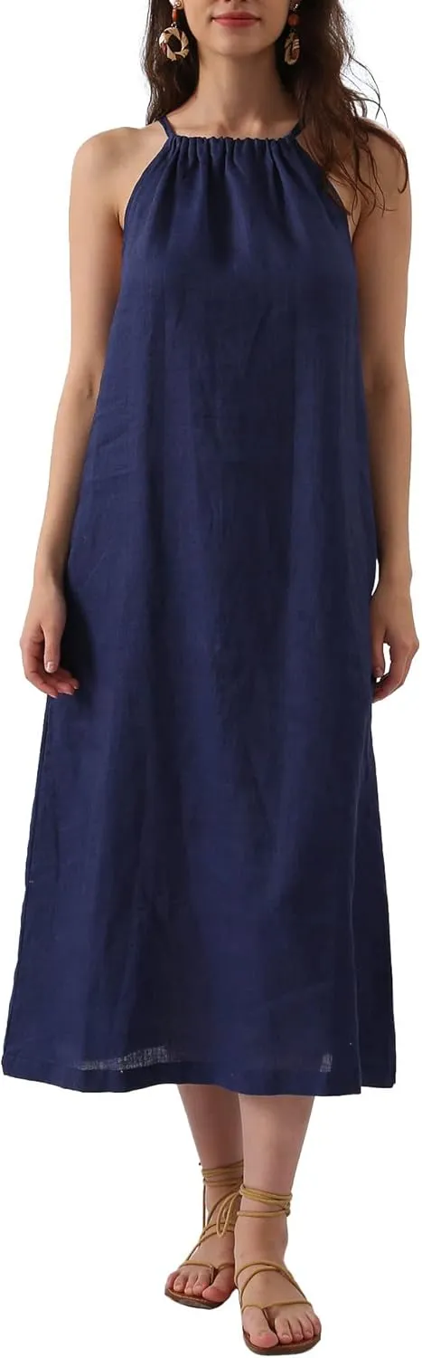Amazhiyu Womens Linen Halter Sleeveless Maxi Dress Tie Back with Belt and Pockets