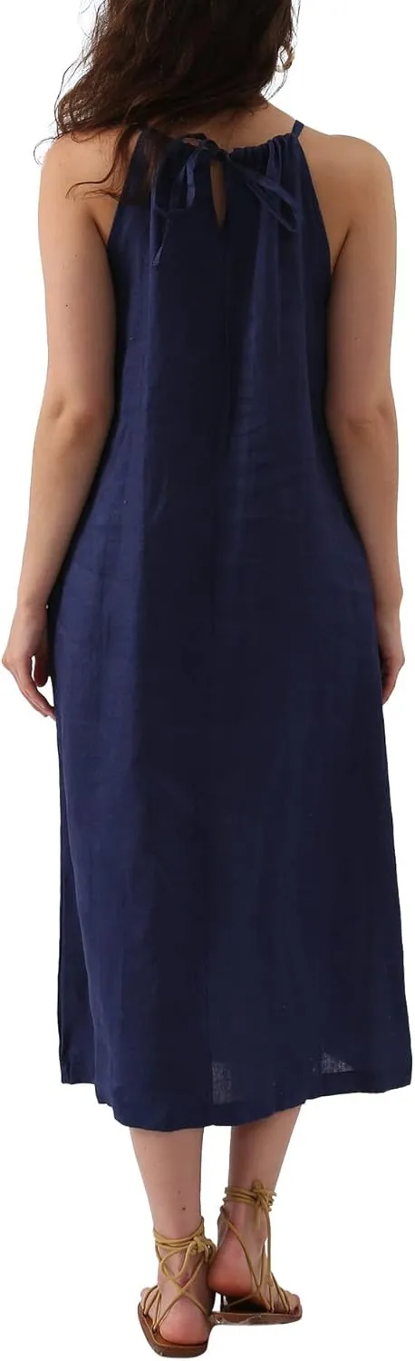Amazhiyu Womens Linen Halter Sleeveless Maxi Dress Tie Back with Belt and Pockets