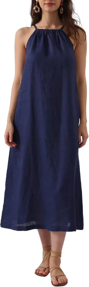 Amazhiyu Womens Linen Halter Sleeveless Maxi Dress Tie Back with Belt and Pockets