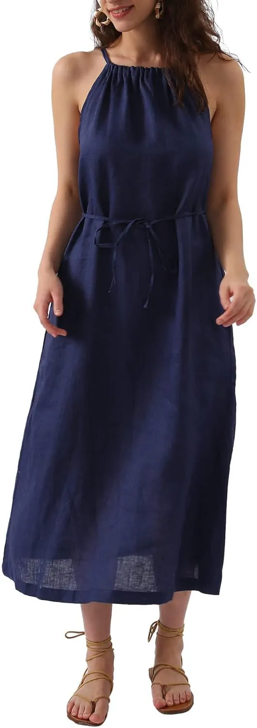 Amazhiyu Womens Linen Halter Sleeveless Maxi Dress Tie Back with Belt and Pockets