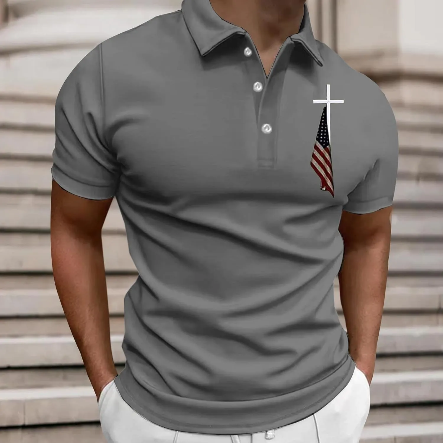 American Flag Polo Shirt for Men Christian Faith Cross Jesus T Shirts 4th of July Patriotic Tee Tops Graphic T-Shirt