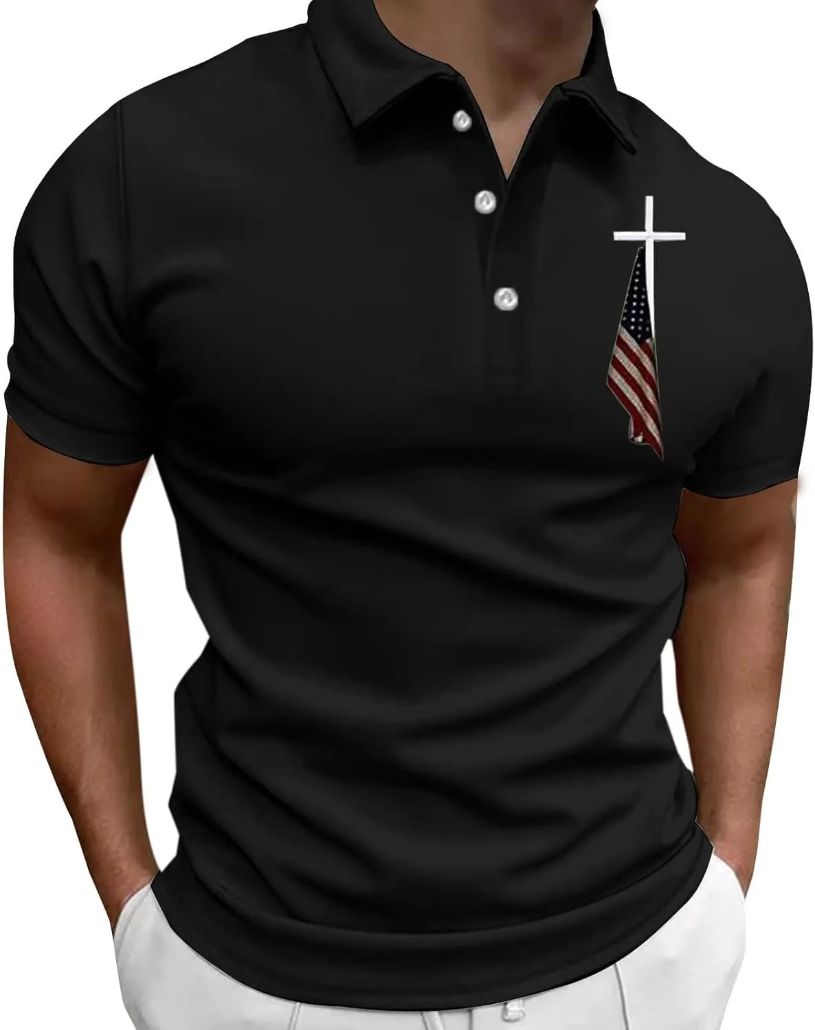 American Flag Polo Shirt for Men Christian Faith Cross Jesus T Shirts 4th of July Patriotic Tee Tops Graphic T-Shirt