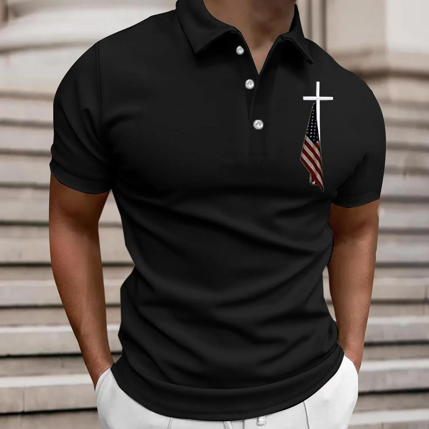 American Flag Polo Shirt for Men Christian Faith Cross Jesus T Shirts 4th of July Patriotic Tee Tops Graphic T-Shirt
