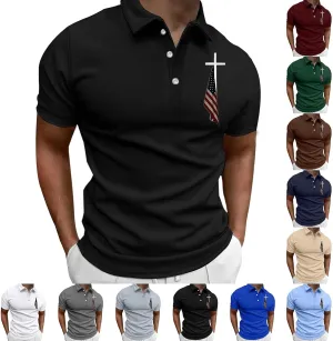 American Flag Polo Shirt for Men Christian Faith Cross Jesus T Shirts 4th of July Patriotic Tee Tops Graphic T-Shirt
