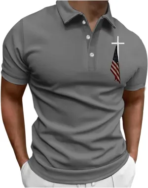 American Flag Polo Shirt for Men Christian Faith Cross Jesus T Shirts 4th of July Patriotic Tee Tops Graphic T-Shirt