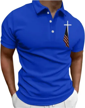 American Flag Polo Shirt for Men Christian Faith Cross Jesus T Shirts 4th of July Patriotic Tee Tops Graphic T-Shirt