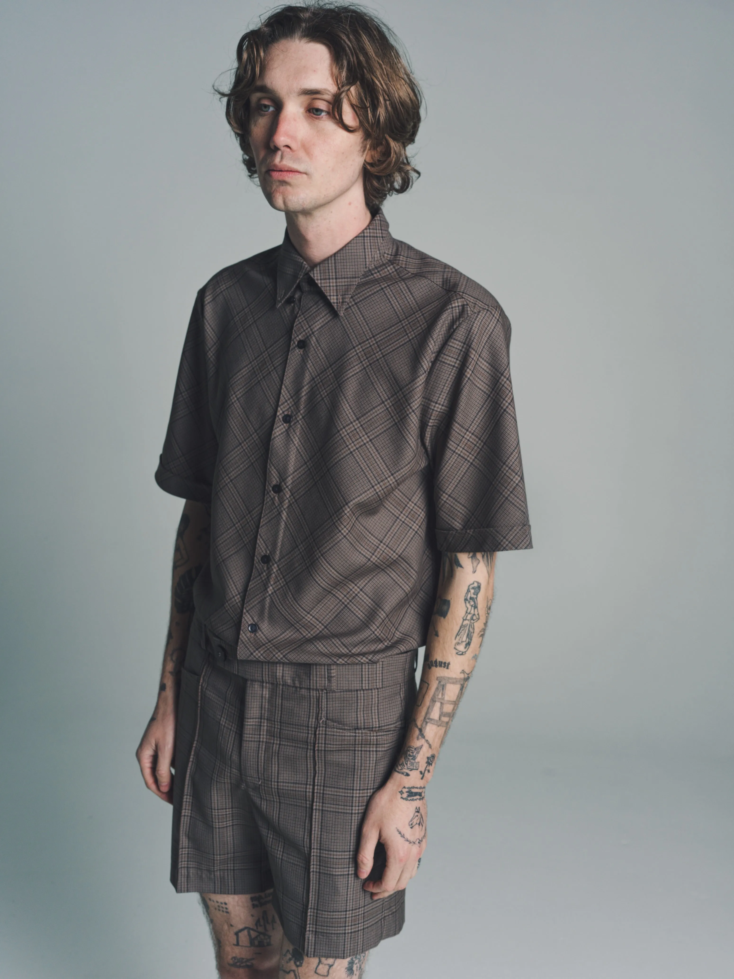 Beige & Brown Check Short Sleeve Shirt