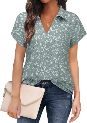 Bulouts Womens Short Sleeve Polo Shirts Collared V Neck Business Casual Tops and Blouses