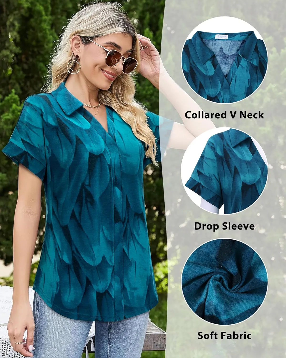 Bulouts Womens Short Sleeve Polo Shirts Collared V Neck Business Casual Tops and Blouses