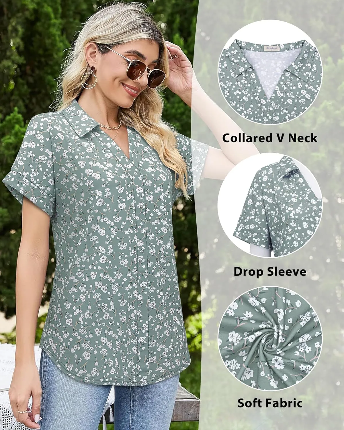 Bulouts Womens Short Sleeve Polo Shirts Collared V Neck Business Casual Tops and Blouses