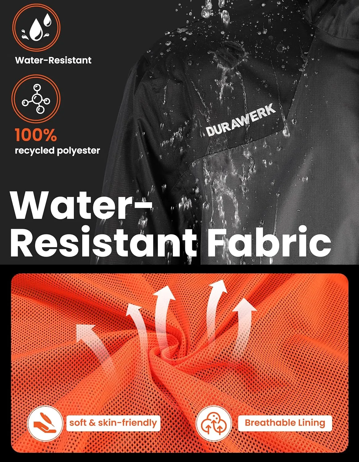 DURAWERK Water Resistant Jackets for Men Lightweight Windbreaker Jacket Hooded Mens Rain Jacket & Work Jackets for Men