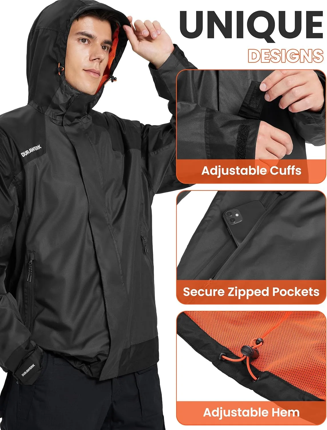 DURAWERK Water Resistant Jackets for Men Lightweight Windbreaker Jacket Hooded Mens Rain Jacket & Work Jackets for Men