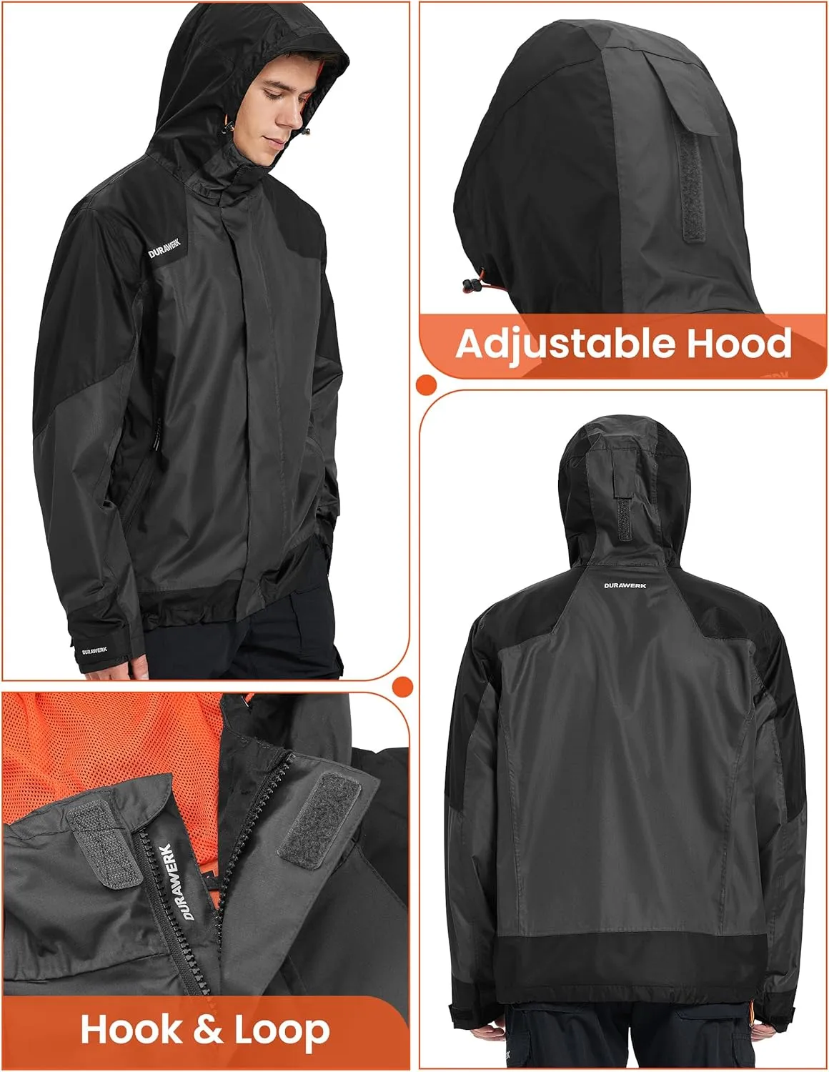 DURAWERK Water Resistant Jackets for Men Lightweight Windbreaker Jacket Hooded Mens Rain Jacket & Work Jackets for Men