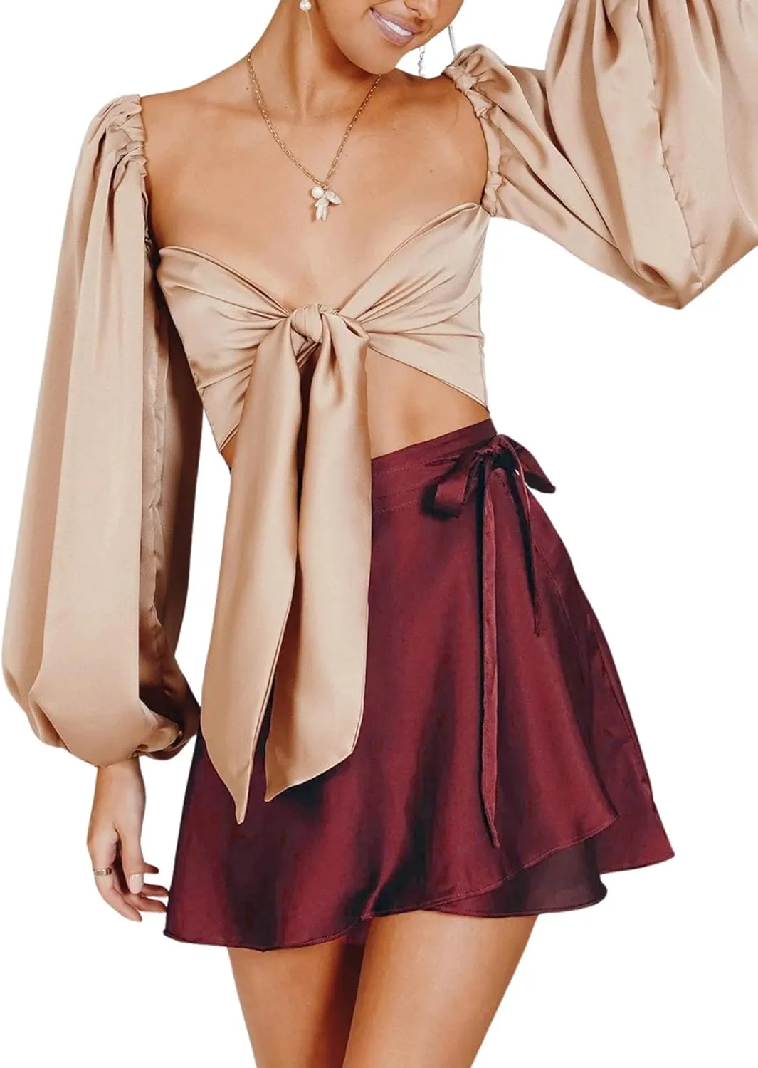 Ezcosplay Women Satin Wrap Around Mini Skirt High Waisted Adjustable Self Tie Silk A Line Short Skirts