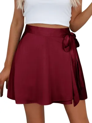 Ezcosplay Women Satin Wrap Around Mini Skirt High Waisted Adjustable Self Tie Silk A Line Short Skirts