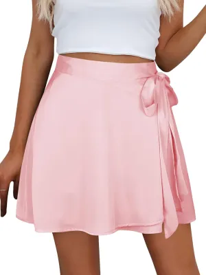 Ezcosplay Women Satin Wrap Around Mini Skirt High Waisted Adjustable Self Tie Silk A Line Short Skirts