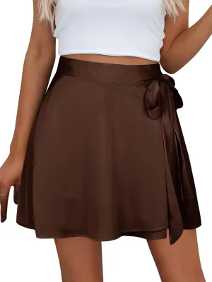 Ezcosplay Women Satin Wrap Around Mini Skirt High Waisted Adjustable Self Tie Silk A Line Short Skirts