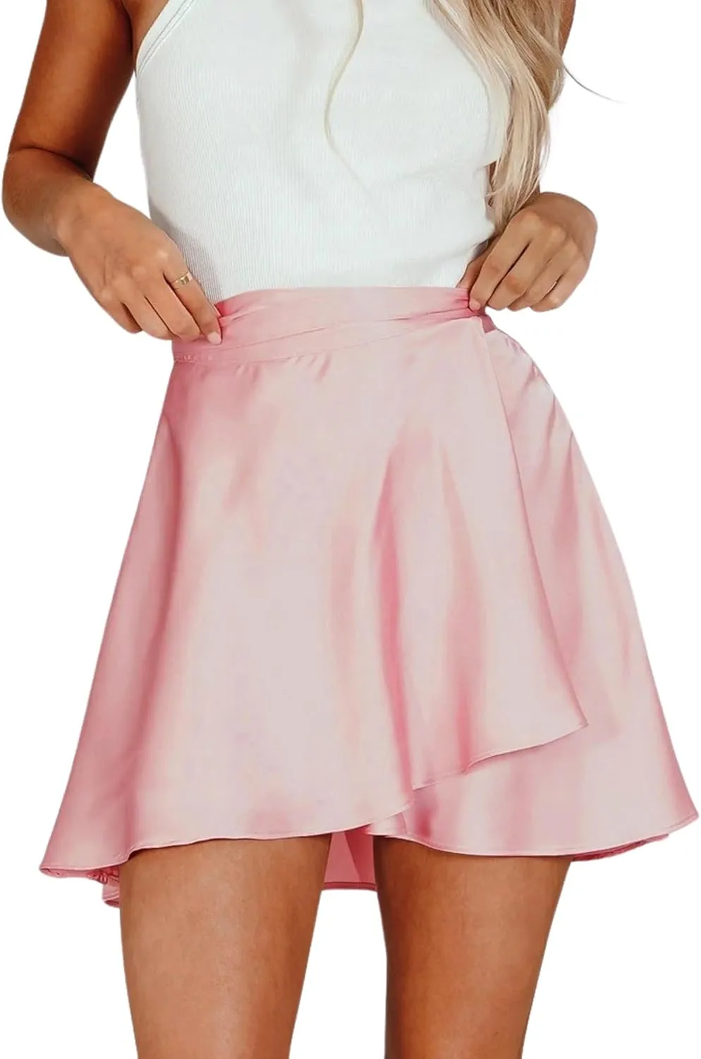 Ezcosplay Women Satin Wrap Around Mini Skirt High Waisted Adjustable Self Tie Silk A Line Short Skirts
