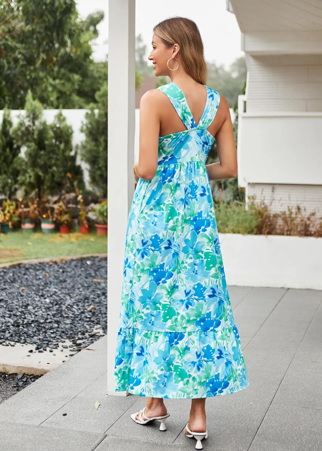 GRACE KARIN 2025 Women's Criss Cross Halterneck Sleeveless Summer Floral Print Flowy A Line Maxi Dress