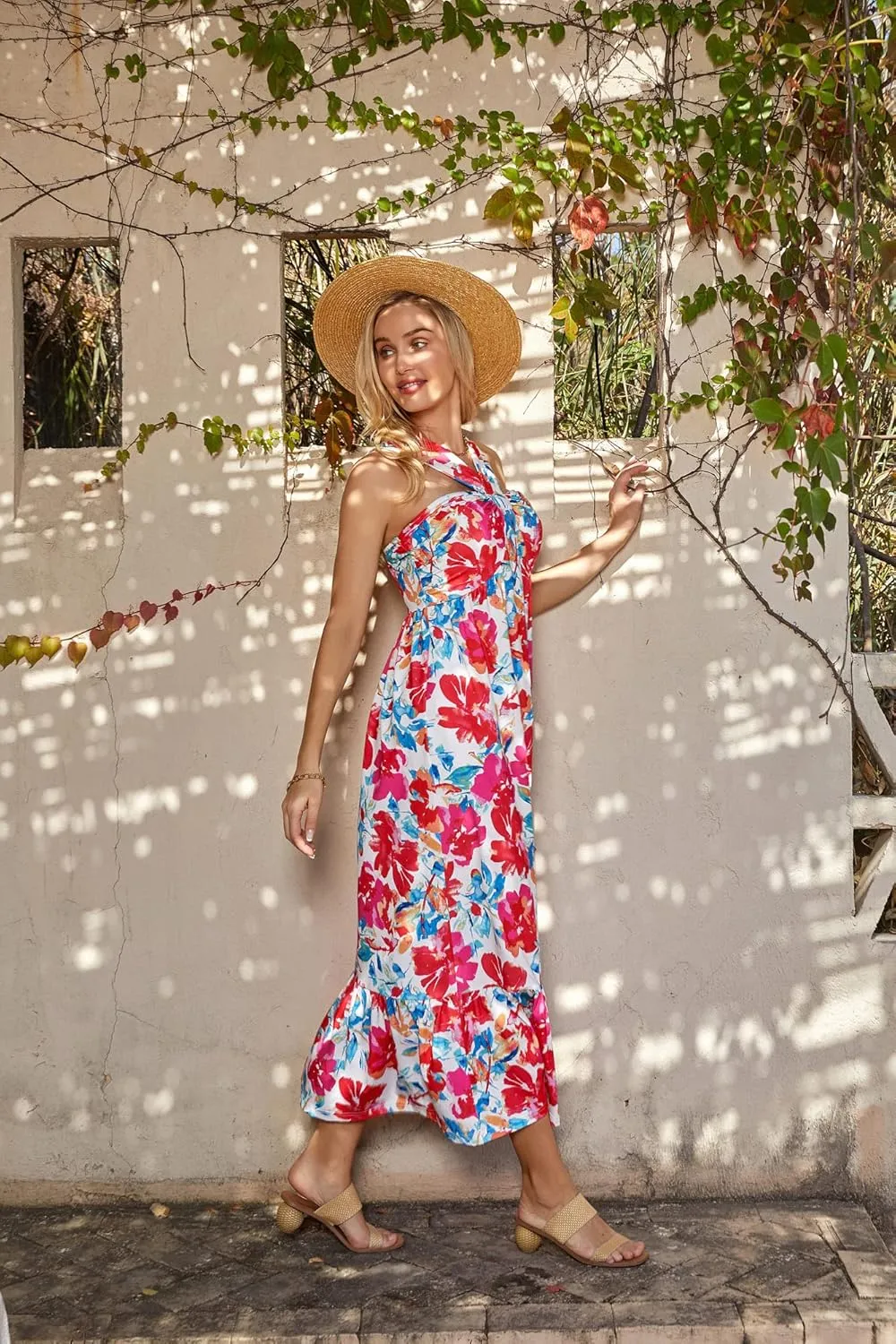 GRACE KARIN 2025 Women's Criss Cross Halterneck Sleeveless Summer Floral Print Flowy A Line Maxi Dress