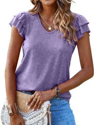 Hount Womens V Neck Ruffle Short Sleeve Tops Casual Ribbed Cute T Shirts Loose Fit Summer Shirts Blouses
