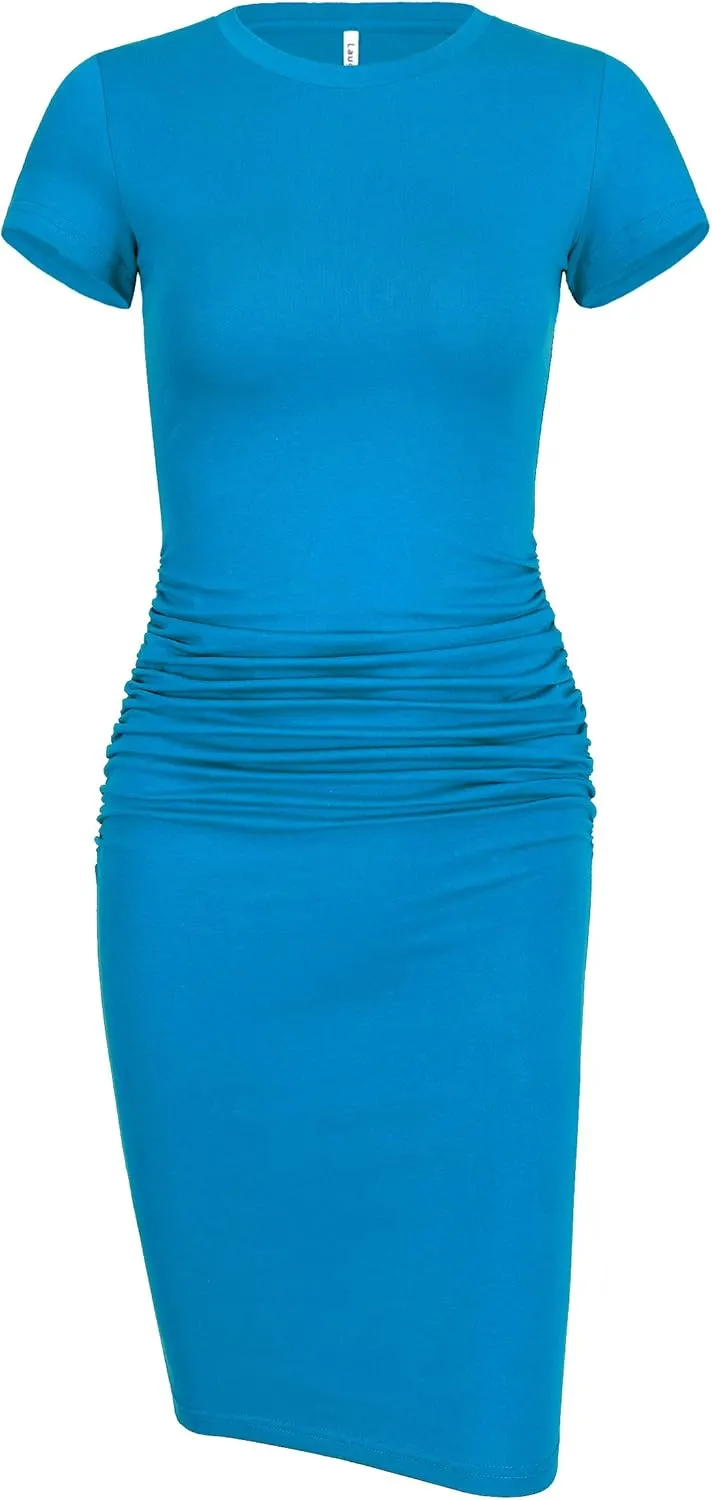 Laughido Women's Short Sleeve Ruched Bodycon Sundress Knee Length T Shirt Dresses 2025 Trendy Casual Outfits