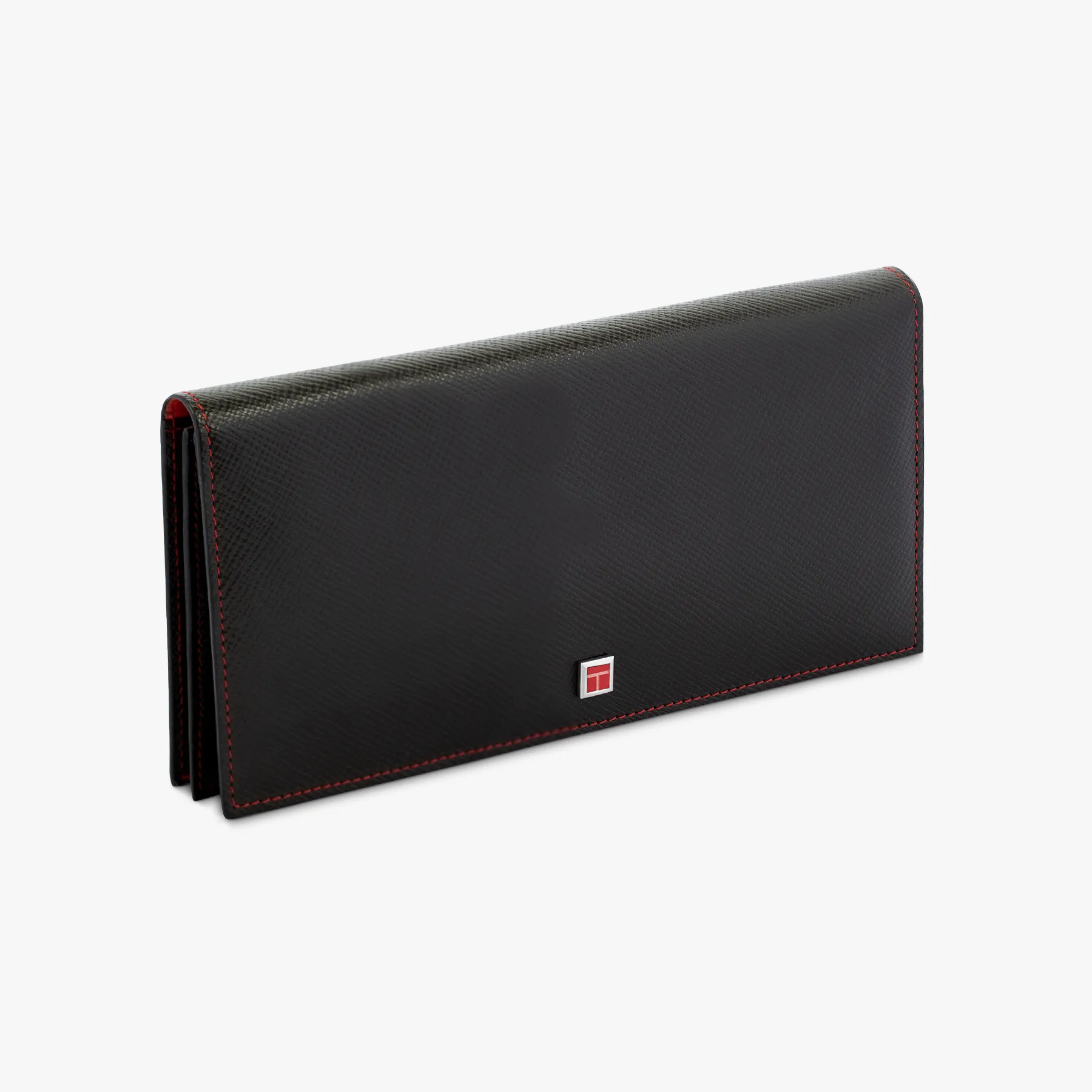 Long wallet in brown and red leather with coral inlay