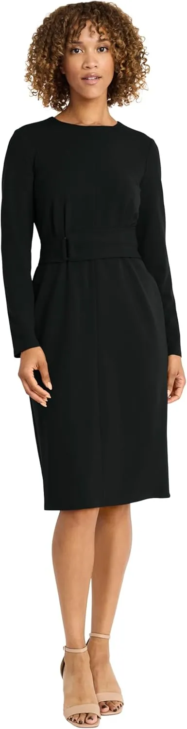 Maggy London Women's Elegant Knee-Length Sheath Long Sleeve Fitted Silhouette with Waist Belt-Versatile Cocktail Dress