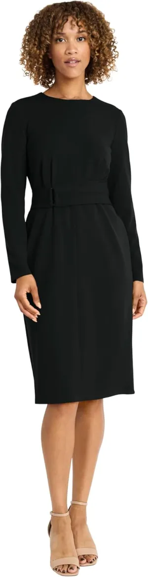 Maggy London Women's Elegant Knee-Length Sheath Long Sleeve Fitted Silhouette with Waist Belt-Versatile Cocktail Dress