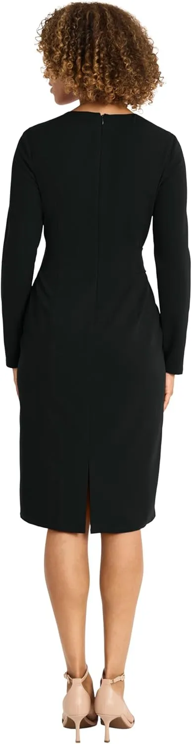 Maggy London Women's Elegant Knee-Length Sheath Long Sleeve Fitted Silhouette with Waist Belt-Versatile Cocktail Dress
