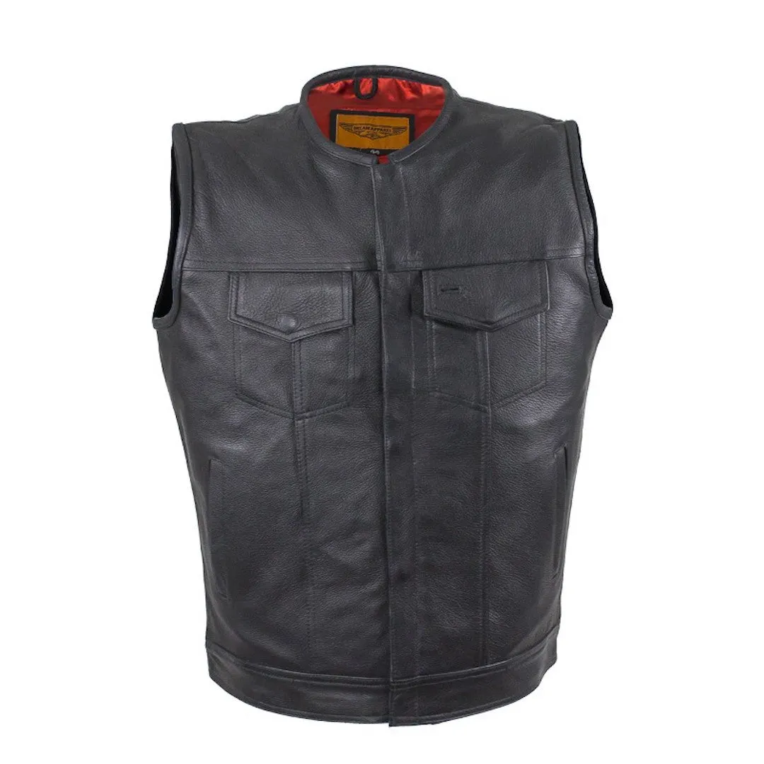 Mens No Collar Naked Leather Motorcycle Club Vest Solid Panel Back