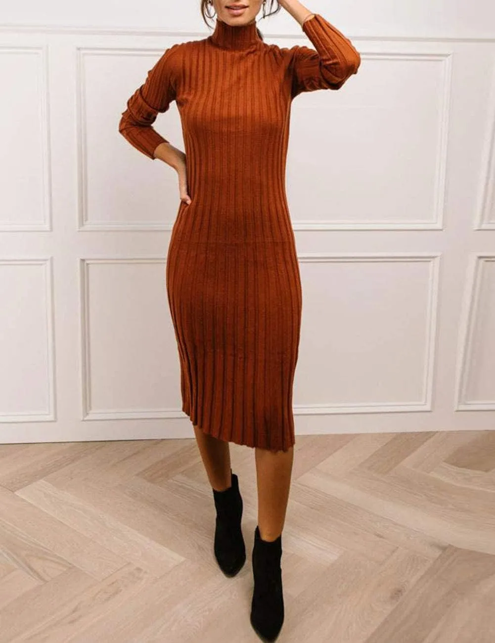 MEROKEETY Women's 2025 Ribbed Long Sleeve Sweater Dress High Neck Slim Fit Knitted Midi Dress