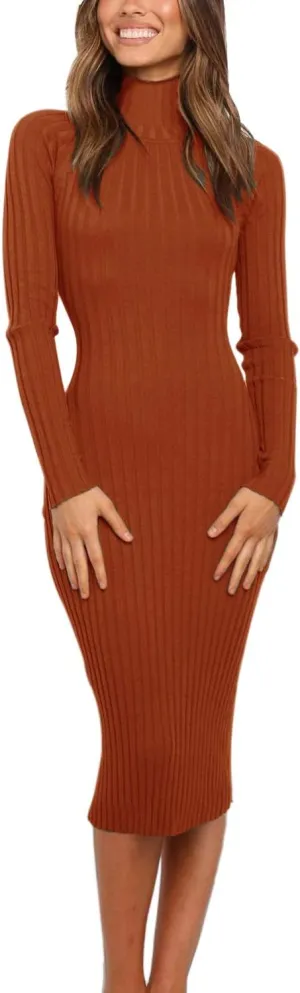 MEROKEETY Women's 2025 Ribbed Long Sleeve Sweater Dress High Neck Slim Fit Knitted Midi Dress