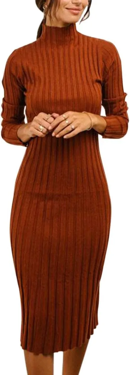 MEROKEETY Women's 2025 Ribbed Long Sleeve Sweater Dress High Neck Slim Fit Knitted Midi Dress