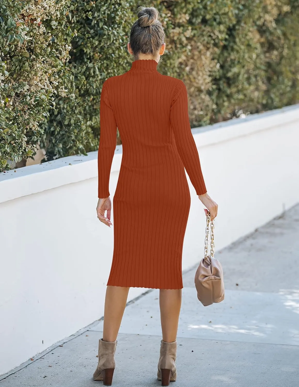 MEROKEETY Women's 2025 Ribbed Long Sleeve Sweater Dress High Neck Slim Fit Knitted Midi Dress