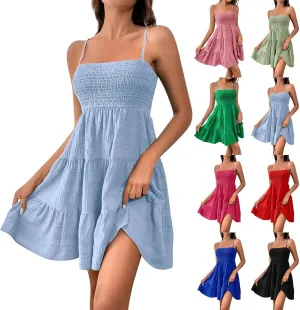 Mini Sundresses for Women Smocked Square Neck Spaghetti Strap Skater Dress Summer Loose Comfy Tiered Ruffle Dress
