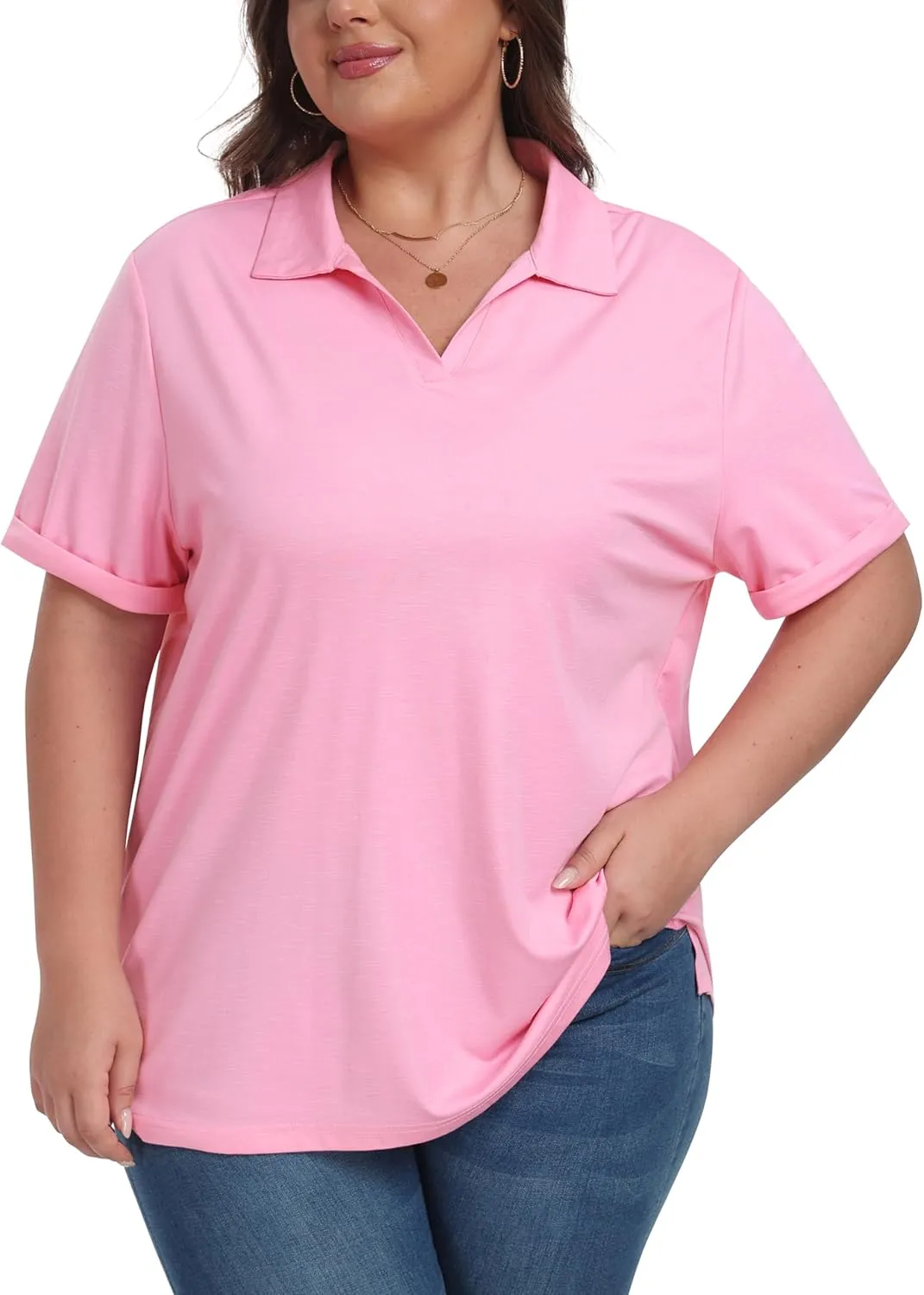 MoFiz Women's Plus Size Golf Polo Shirts Loose Fit Short Sleeve V-Neck Tennis Workouts Tops, XL-5XL