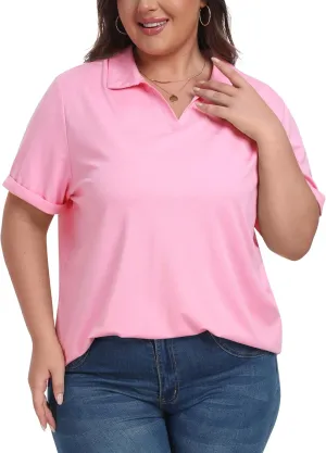 MoFiz Women's Plus Size Golf Polo Shirts Loose Fit Short Sleeve V-Neck Tennis Workouts Tops, XL-5XL