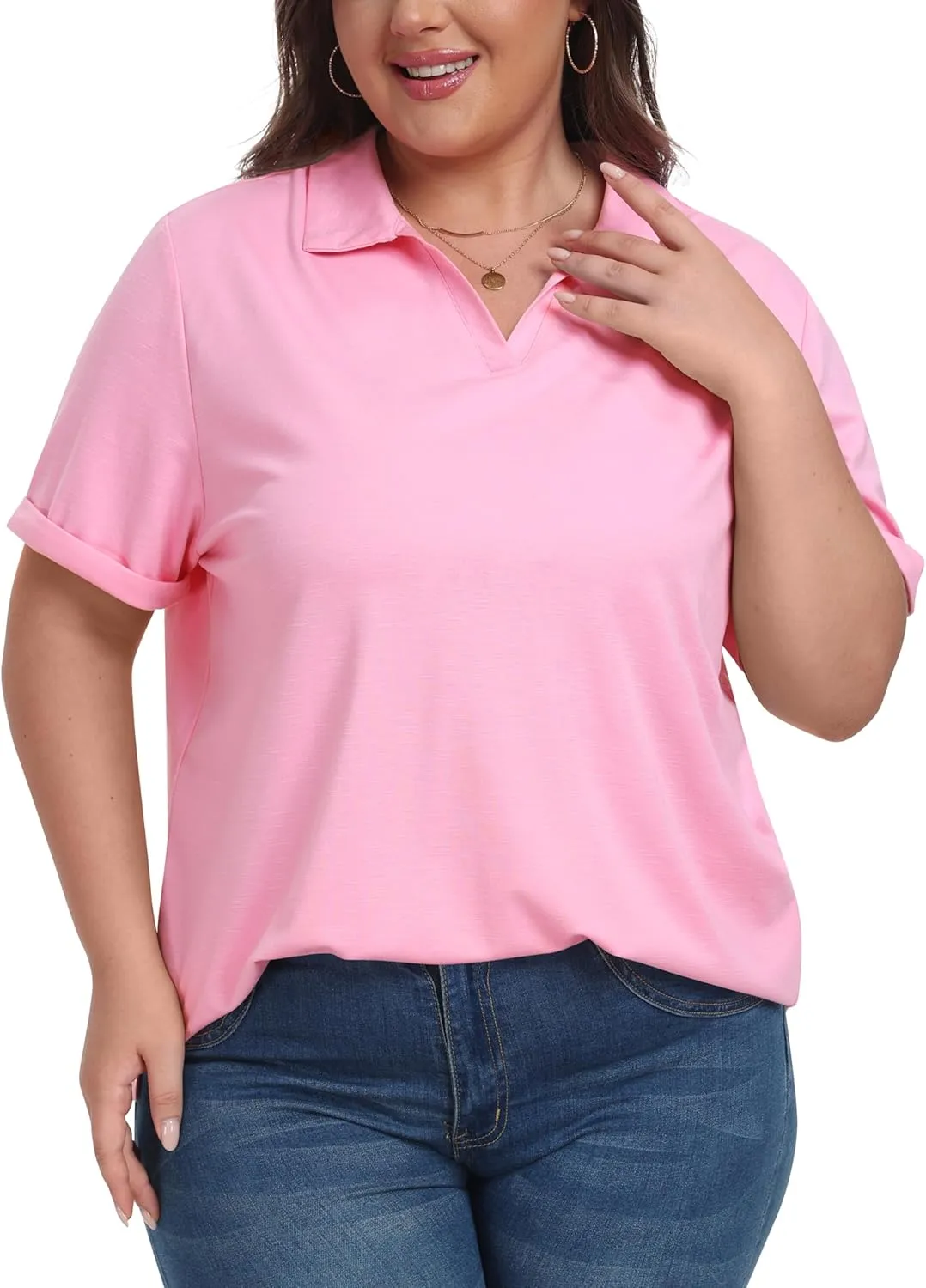 MoFiz Women's Plus Size Golf Polo Shirts Loose Fit Short Sleeve V-Neck Tennis Workouts Tops, XL-5XL