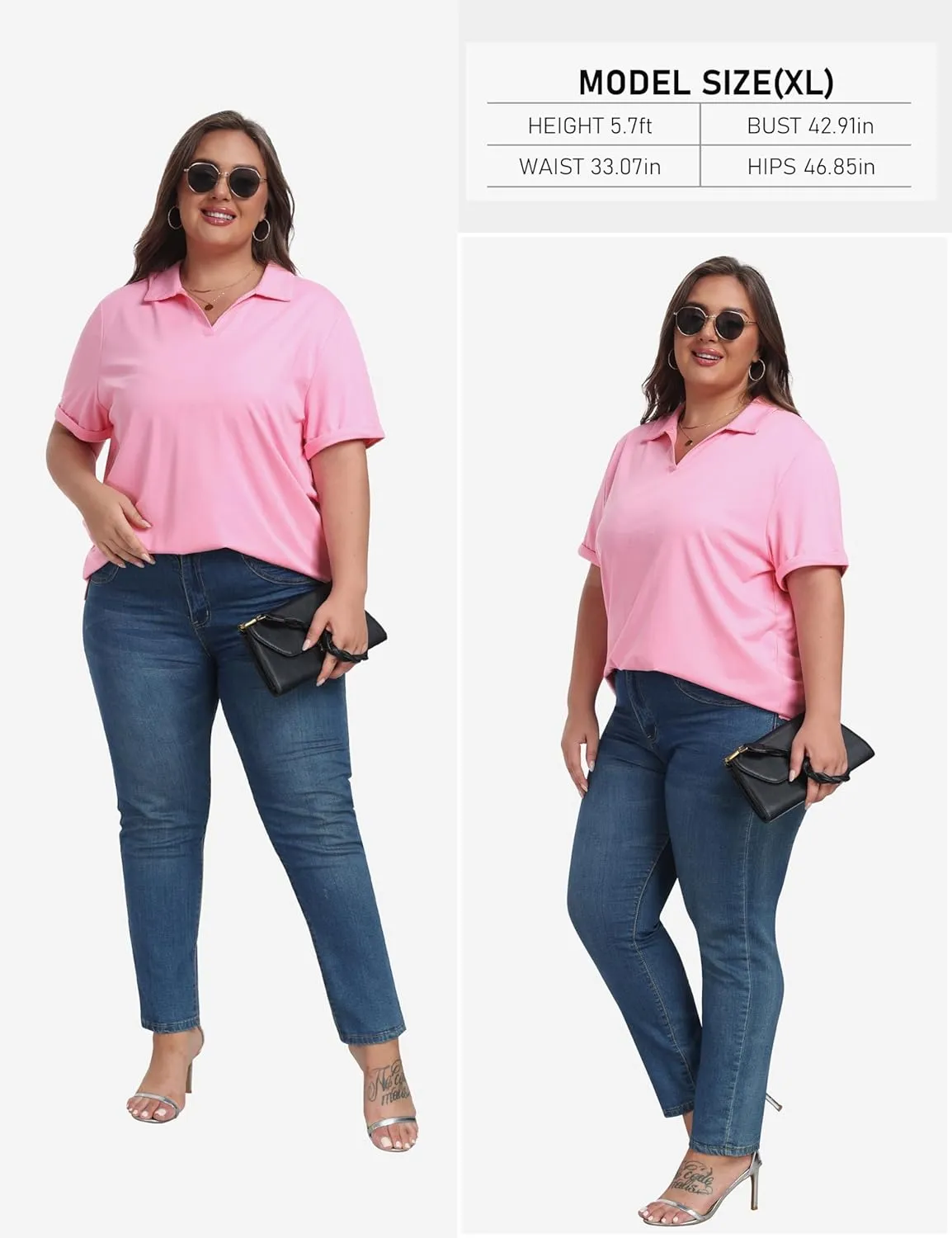 MoFiz Women's Plus Size Golf Polo Shirts Loose Fit Short Sleeve V-Neck Tennis Workouts Tops, XL-5XL