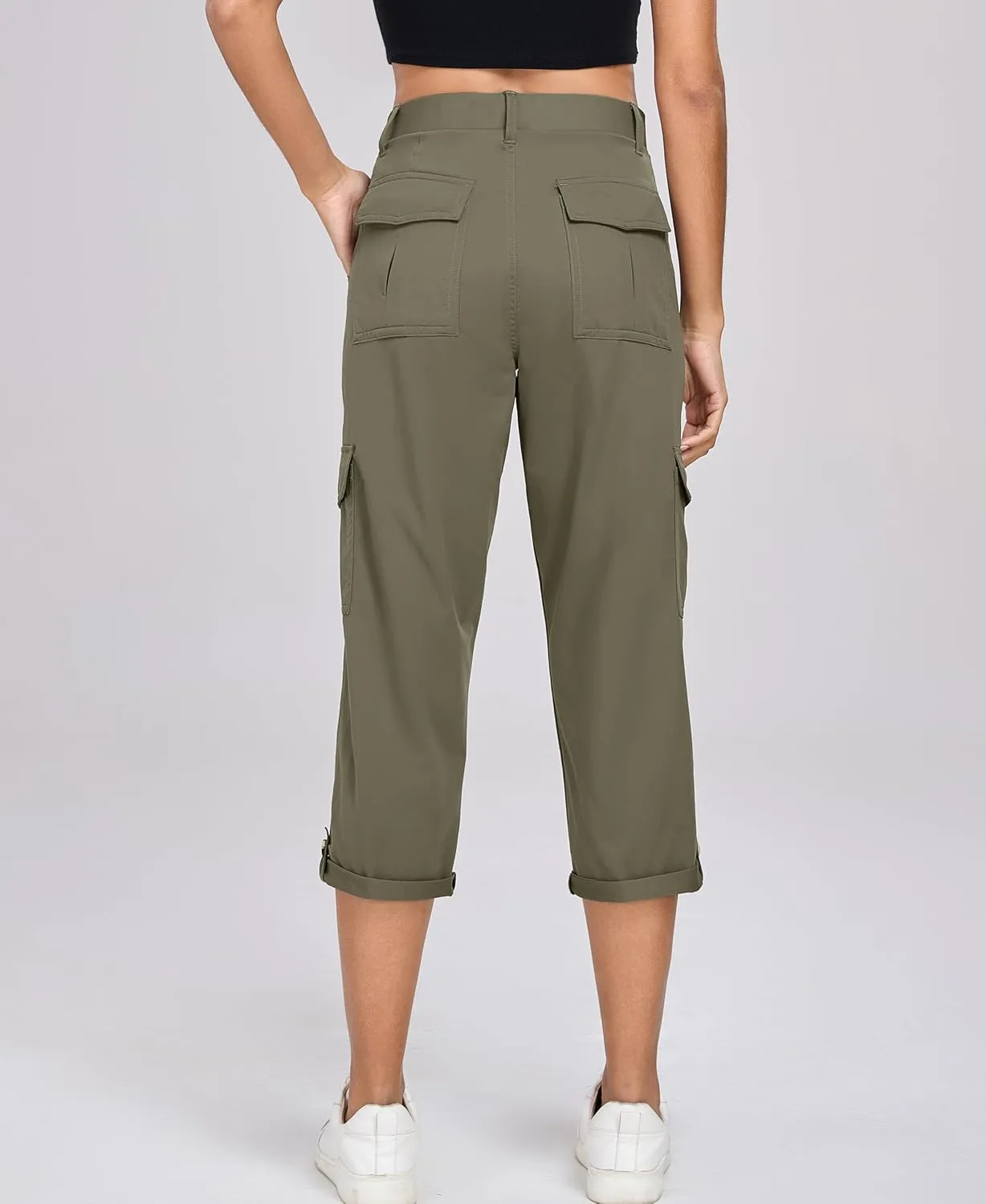 Oalka Women's Cargo Capri Pants Relaxed Fit Knit Waist Cropped Pant Casual Hiking Capris