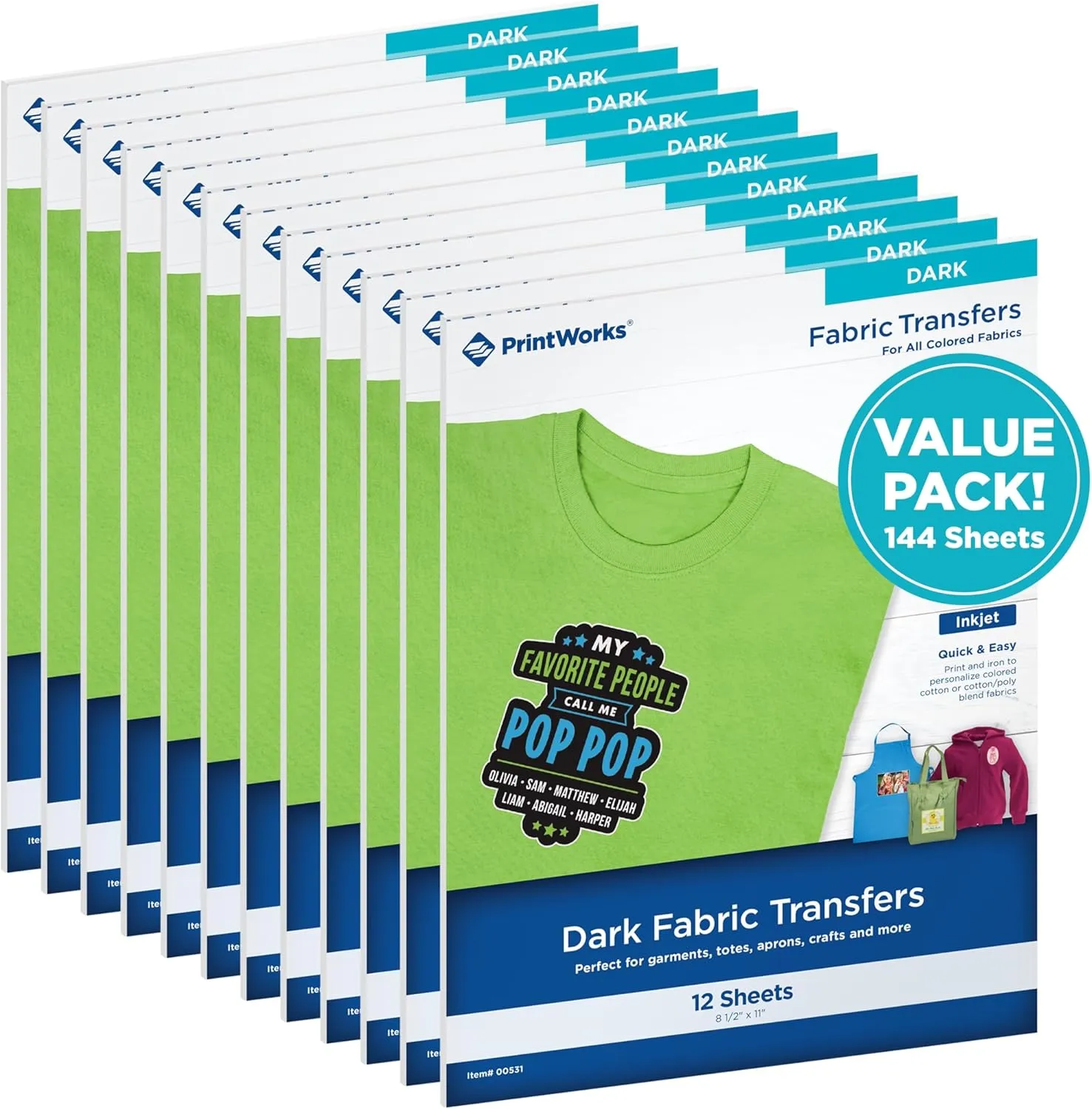 PrintWorks Printable Iron on Heat Transfer Paper for Dark Fabrics & T-Shirts, 8.5 x 11, 144 Sheets, Easily DIY, Made in The USA