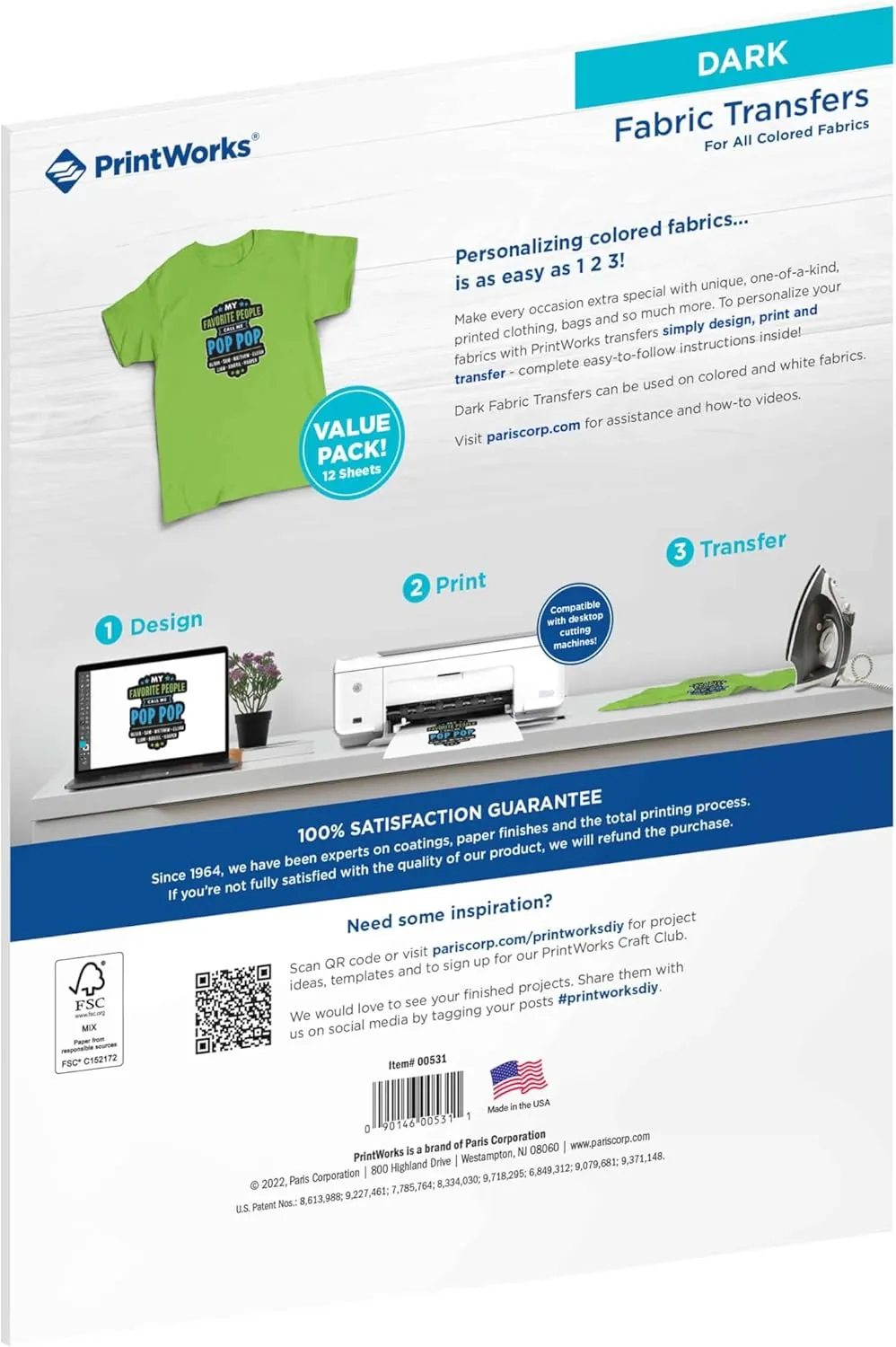 PrintWorks Printable Iron on Heat Transfer Paper for Dark Fabrics & T-Shirts, 8.5 x 11, 144 Sheets, Easily DIY, Made in The USA