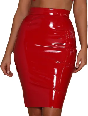 SEMATOMALA Women's Latex Pencil Midi Skirt High Waisted Bodycon PVC Metallic Wet Look Office Lady Knee Length Skirt