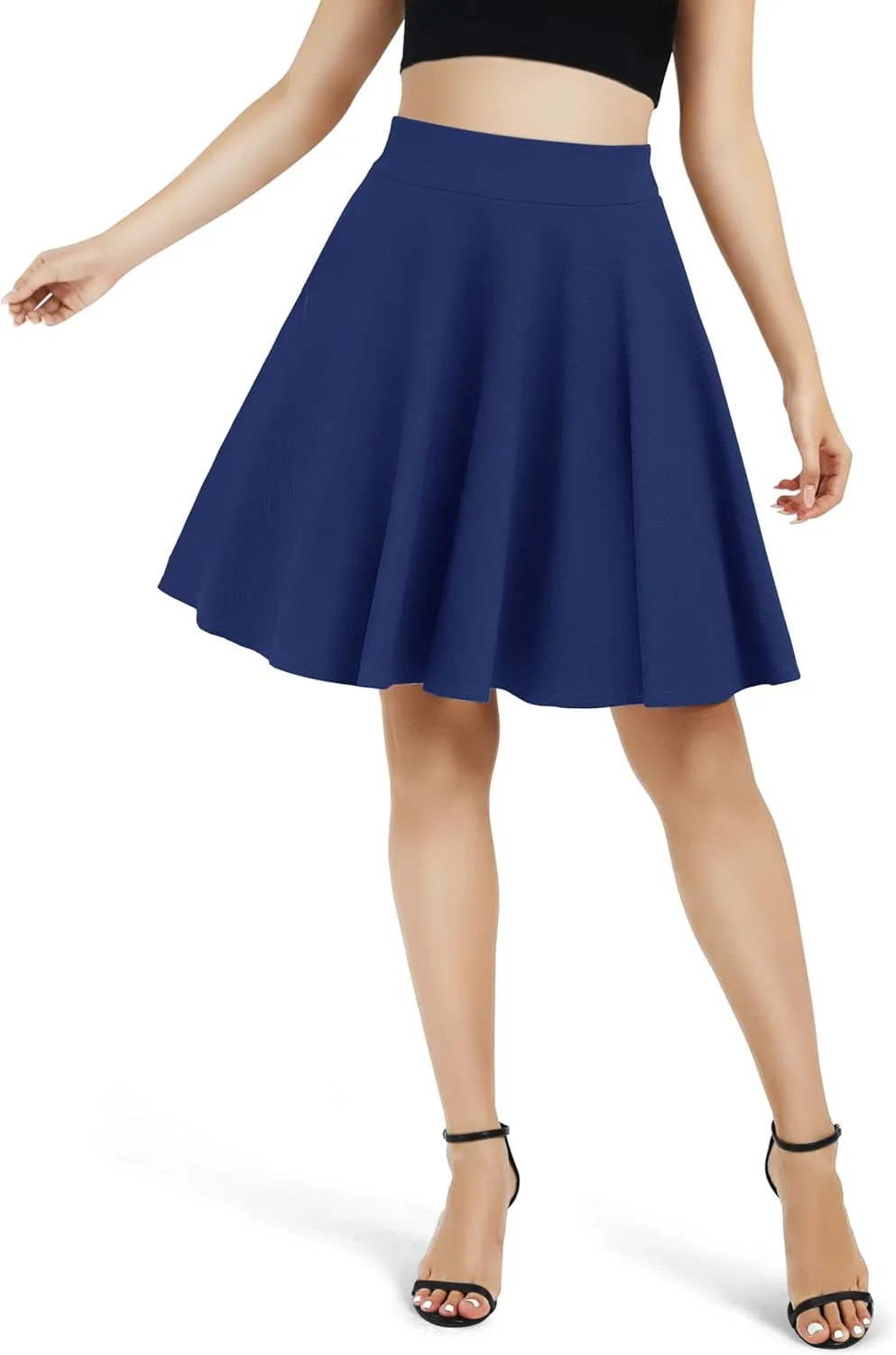 Urban CoCo Women's Basic Midi Skirt Versatile Stretchy Flared Casual High Waisted Skirt