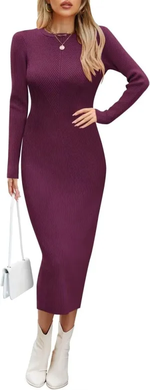 Wkior Women Long Sleeve Midi Dress Crewneck Bodycon Ribbed Knit Slim Sweater Dress 2025 Fall Trendy Outfits