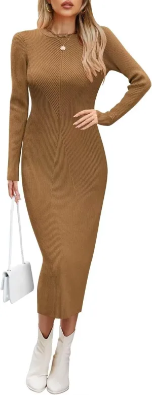 Wkior Women Long Sleeve Midi Dress Crewneck Bodycon Ribbed Knit Slim Sweater Dress 2025 Fall Trendy Outfits
