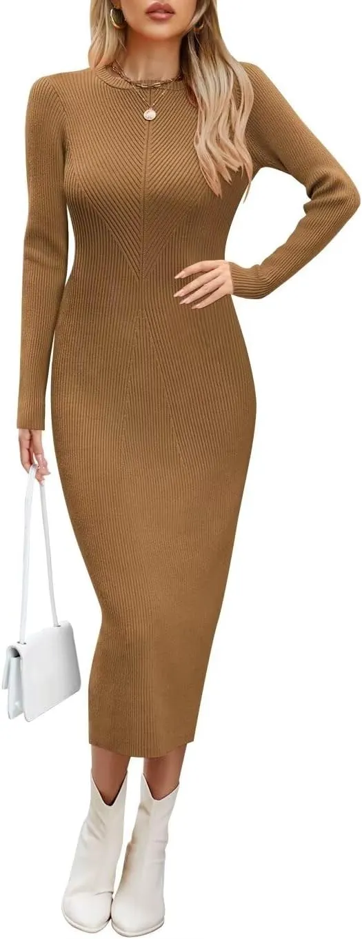 Wkior Women Long Sleeve Midi Dress Crewneck Bodycon Ribbed Knit Slim Sweater Dress 2025 Fall Trendy Outfits