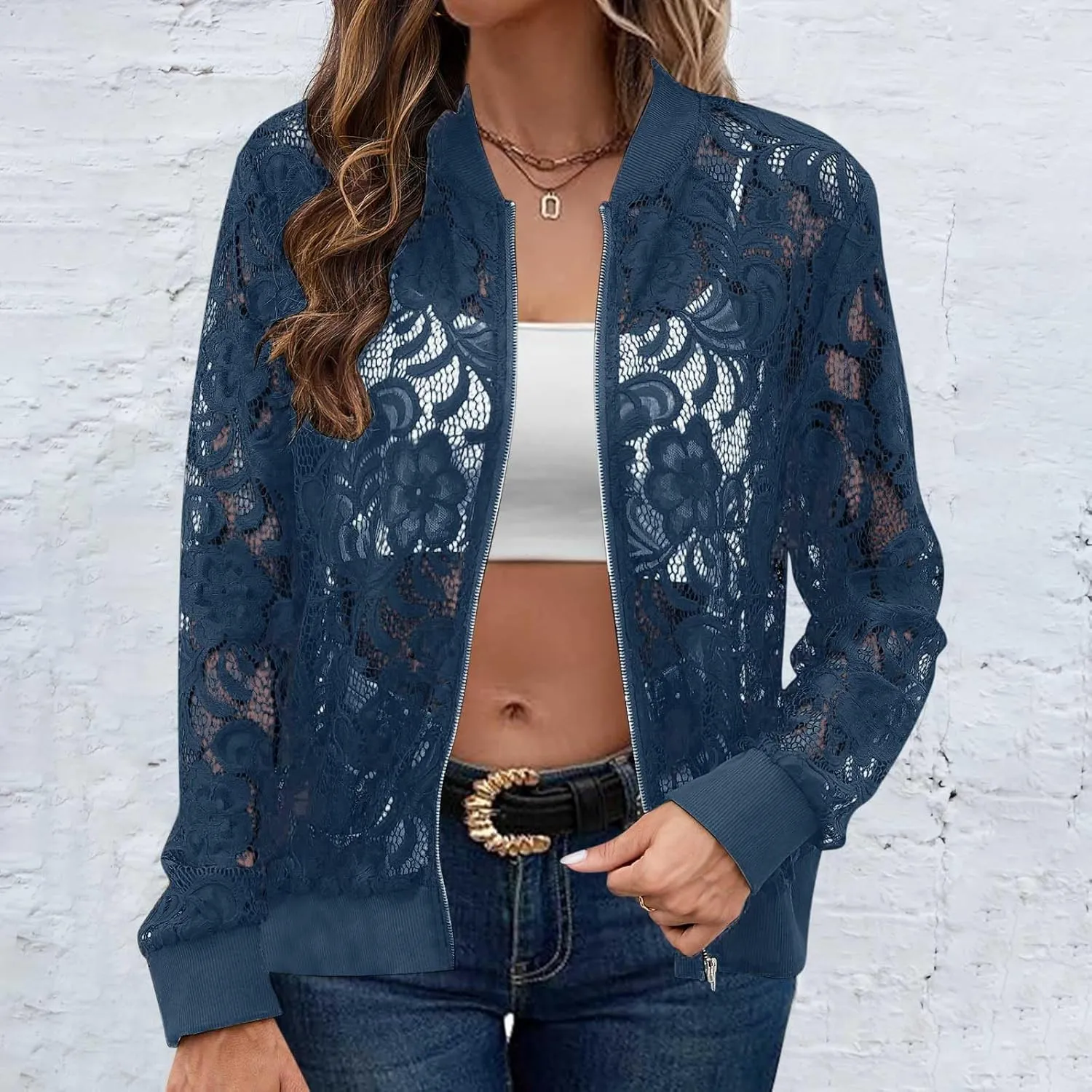 Womens Lace Sheer Bomber Jacket Mock Neck See Through Long Sleeve Full Zip Cropped Coat Fall Fashion Elegant Outerwear