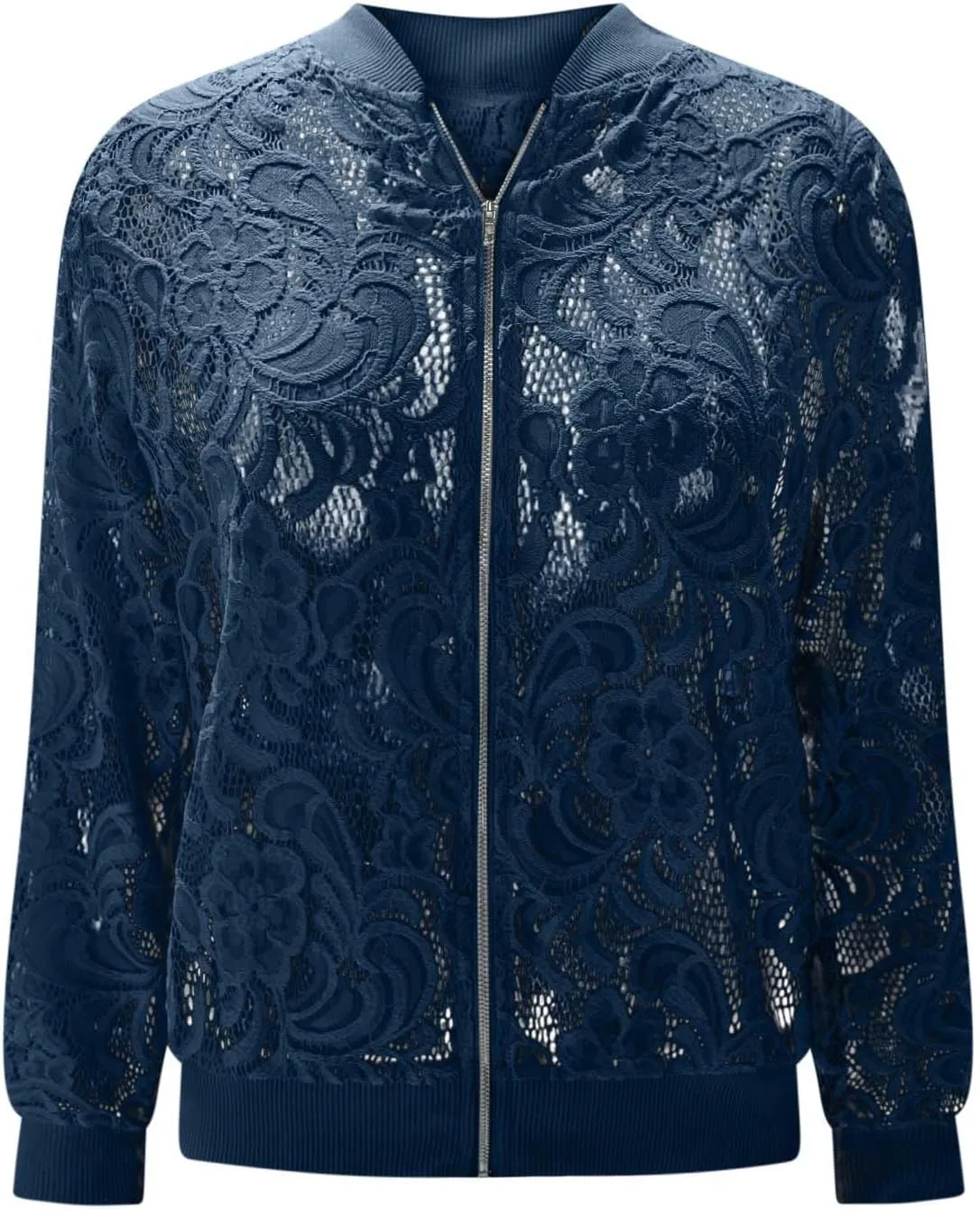 Womens Lace Sheer Bomber Jacket Mock Neck See Through Long Sleeve Full Zip Cropped Coat Fall Fashion Elegant Outerwear
